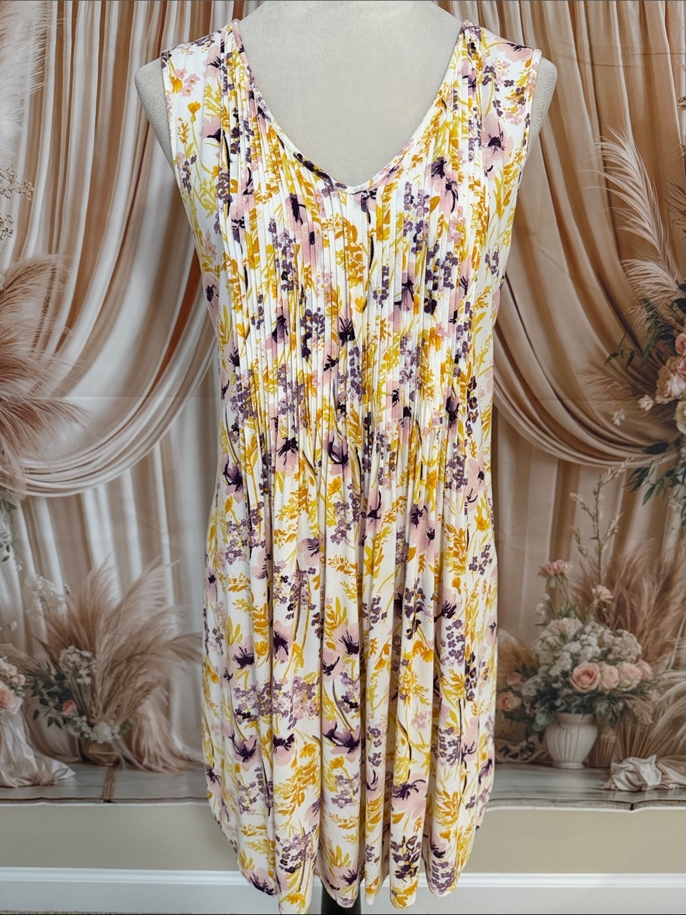 Old Navy White Floral Midi Dress with Yellow and Purple Print